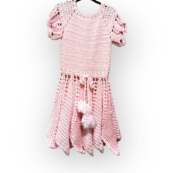 Grandma Crochet Pink Handkerchief Hem Sweater Dress sz Small - Picture 3 of 11